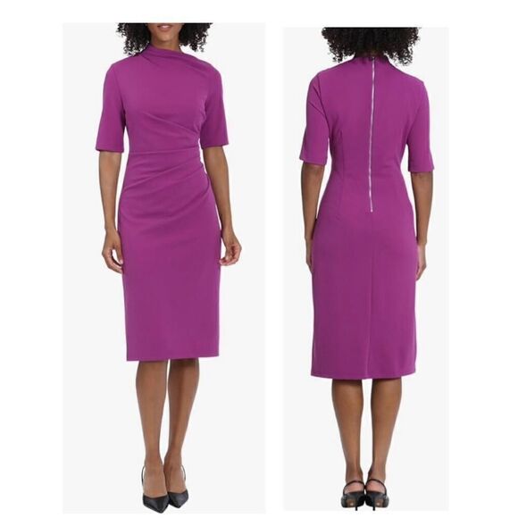 Maggy London Women's Side Pleat Dress with Asymmetric Neck and Elbow Sleeves - Picture 1 of 9